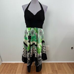 Sangria Size 8 Backless Halter Handkerchief Dress Black, Green, White Patterned